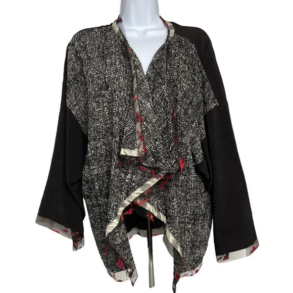 Aimee Atelier Open Waterfall Jacket Lace Trim Blk White Pattern Oversize. M/L - Picture 1 of 7